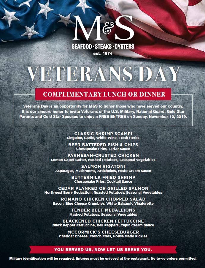 In Honor of Veterans Day, (M & S) McCormick & Schmick is Offering a